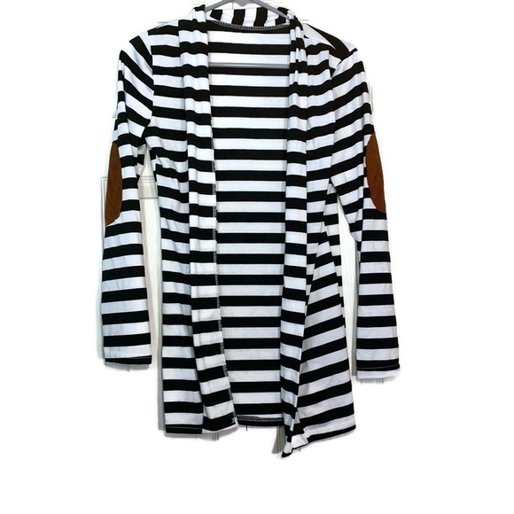 Merryfun Elbow Patch Striped Black White Cardigan Sweater - Picture 3 of 7